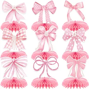 9 PCS Pink Bow Honeycomb Centerpiece Decorations Table Decorations, Wedding Centerpiece, Coquette Birthday Decorations Bow Theme Party Decor Pink Bow Table Decor for Bachelorette Baby Shower Bridal Shower Party Supplies Christmas Decorations