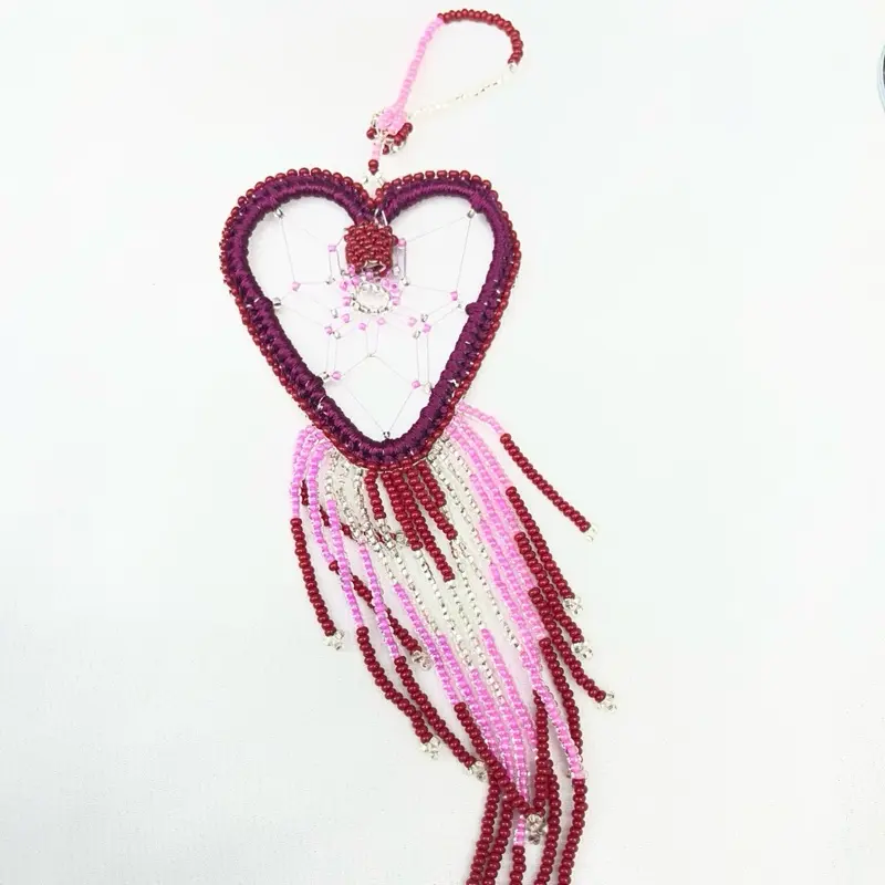 Espantasueños Heart-Shaped Beaded Dreamcatcher with Pink and Red Tassels for Home Decor