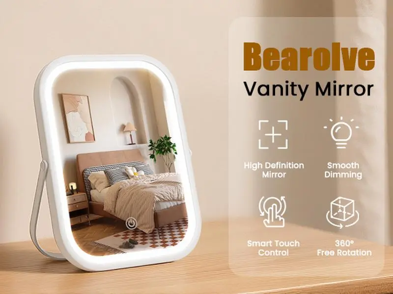 Travel Makeup Mirror, 8"×6" Small Vanity Mirror with Lights, 1500mAH Battery, 3-Color Lighting, 360° Rotation, Portable Desk Mirror with Storage Pouch, Travel Essentials (White)