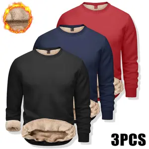 Pack of 3 men's solid color crew neck warm shirts, long-sleeve casual tops for autumn and winter, featuring a casual warm style with a windproof fabric made of faux fleece lining for everyday wear.