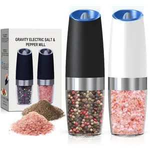 Battery Operated Salt And Pepper Grinder Set with LED Light, Automatic Electric Gravity Salt And Pepper Shakers Set, Each 6 AAA Batteries Needed, Adjustable Roughness, 2 Pack (Black+White)
