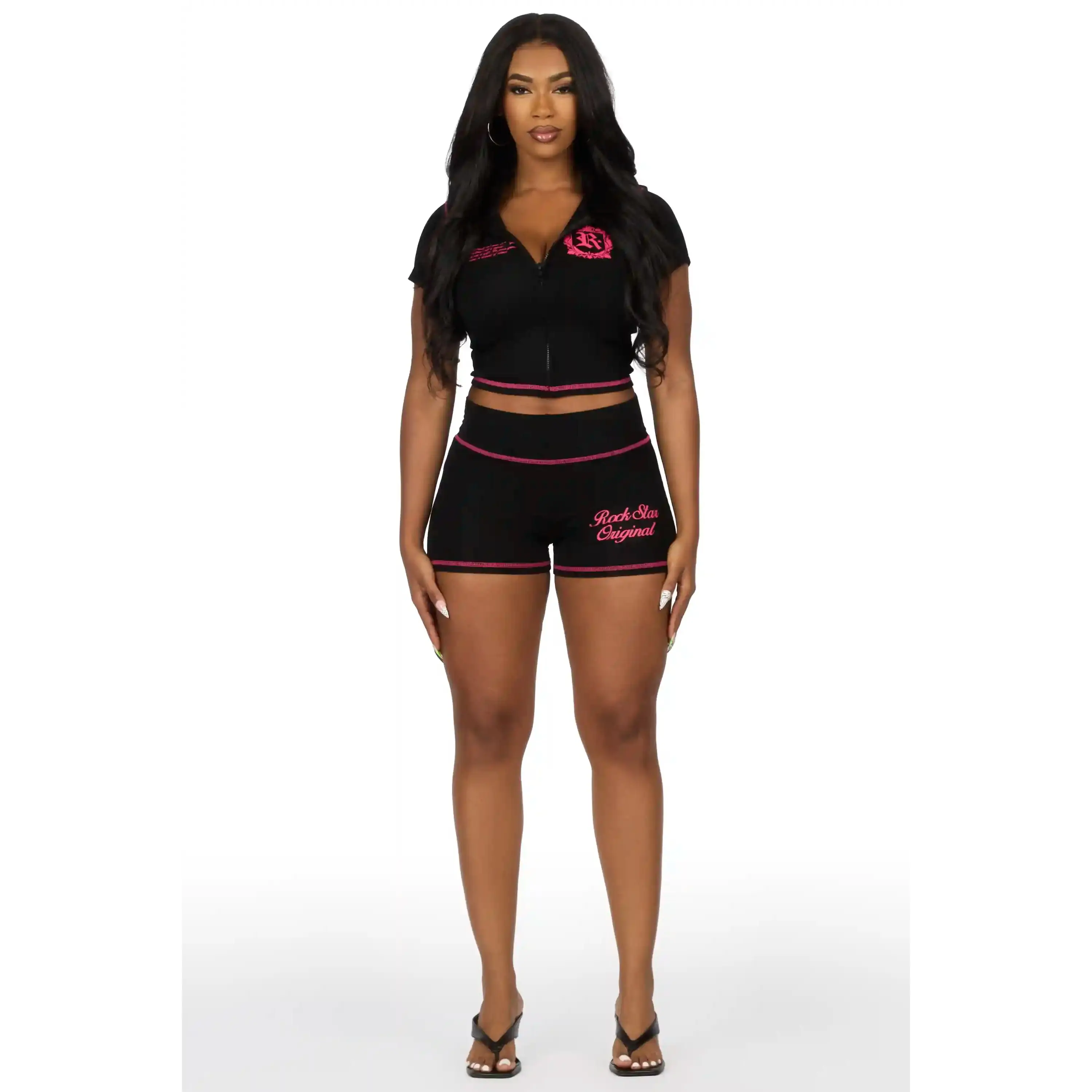Desmine Black Short Sleeve Zip Up Short Set
