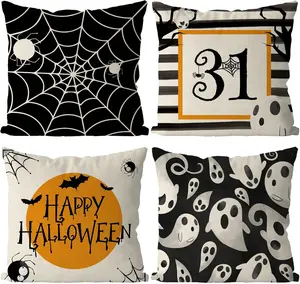 Halloween Pillow Covers 20x20 Inch Set of 4 Spider Web Ghost Pillowcase Black Stripe Holiday Farmhouse Throw Pillows Indoor Outdoor Couch Cushion Case for  Sofa Decor