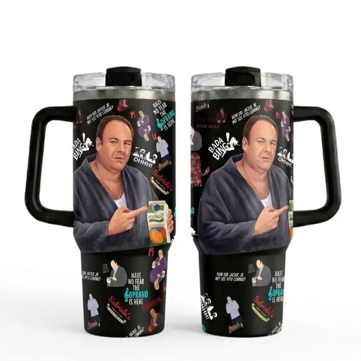 Sopranos Inspired 40oz Insulated Tumbler, Bada Bing Travel Mug with Handle, Double Wall Stainless Steel Tumbler, TV Series Fan Gift, Coffee Cup