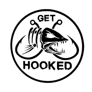 Get Hooked Fishing Sticker Decal - Black and White Design Featuring Fish and "GET HOOKED" Text