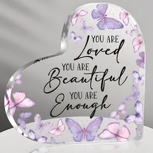 2D Flat, 1 Piece Heart-Shaped Acrylic Inspirational Sign with Purple Butterfly - "You Are Loved, Beautiful and Enough" Slogan - Perfect Christian Gift for Women, Colleagues, and Friends - Home and Office Desktop Decoration, Christmas Decoration, 2D Flat