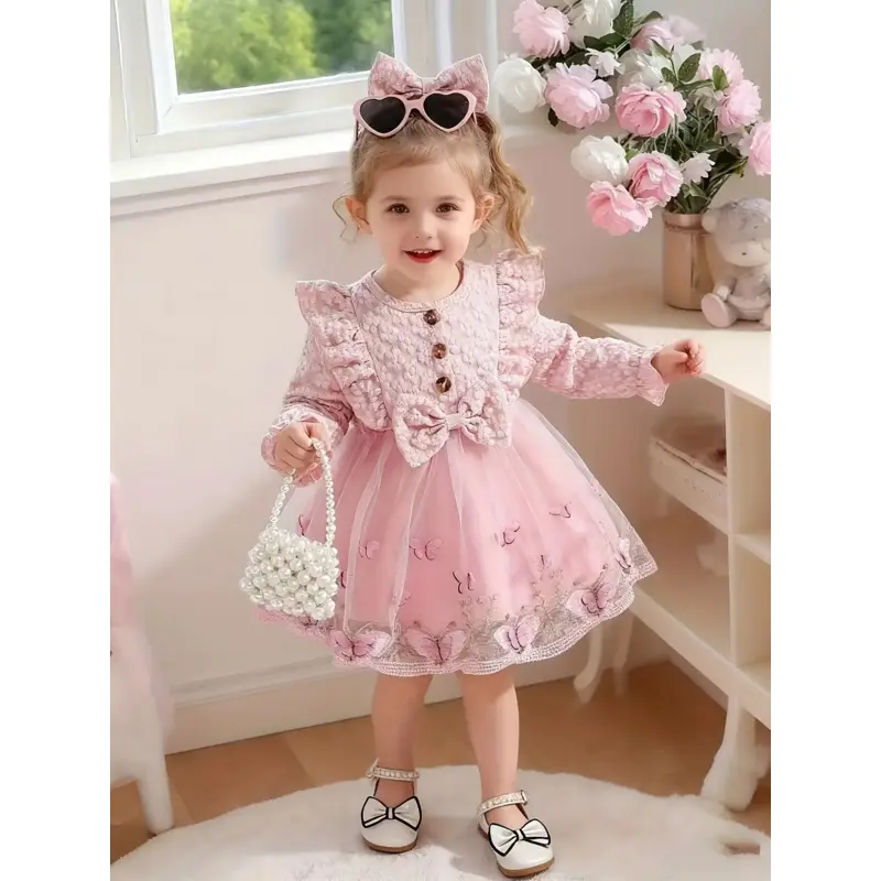 CC4888990 European Solid Color Girls Dress with Bow Headpiece Front Bow Decoration Pink Baby Dress Newborn Knee Length Skirt Autumn Winter Mesh Bow Print Flared Hem 0-3 Years