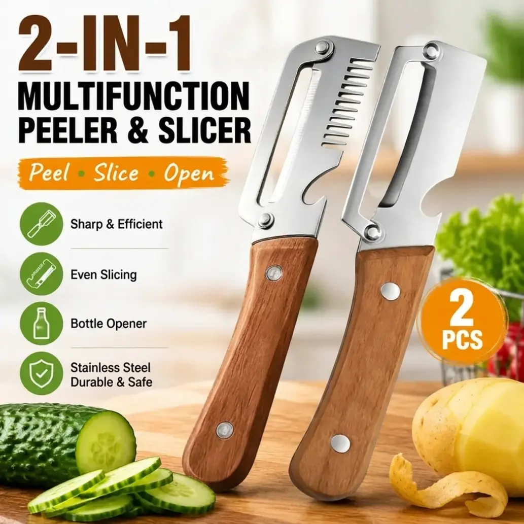 2 PCS Stainless Steel Sharp Peeler with Wooden Non-Slip Ergonomic Handle, Built-In Bottle Opener, Long-Lasting Construction for Fruits & Vegetables, Essential Kitchen Tool