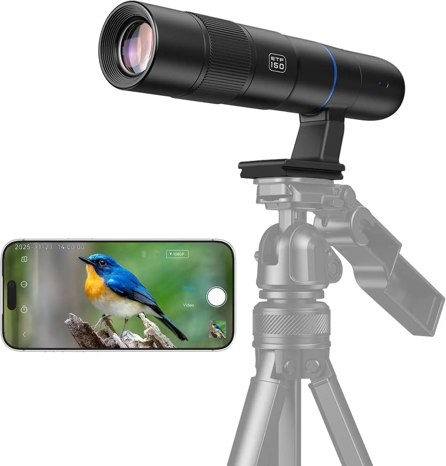 APEXEL 5X Adjustable Rechargeable Wireless Digital Telephoto Lens for Smartphones, High-Power HD Electronic Portable Accessory with 2.4G Wi-Fi Sync, 1500mAh Battery, TF Card Support for Birdwatching, Moon Viewing