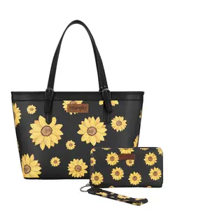 Wrangler Sunflower Print 2PCS Set Tote Bag & Wallet Durable Commute Bag Everyday Use Good for Gift PU Leather Zipper Closure RFID Protected
