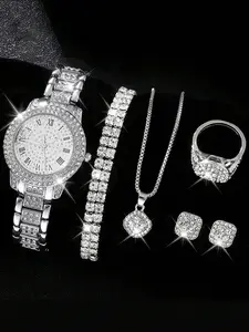 6counts Women Watch Luxury Elegant Alloy Watch Crystal Wristwatch For Ladies Gift Quartz Watch Alloy Rhinestone Bracelet