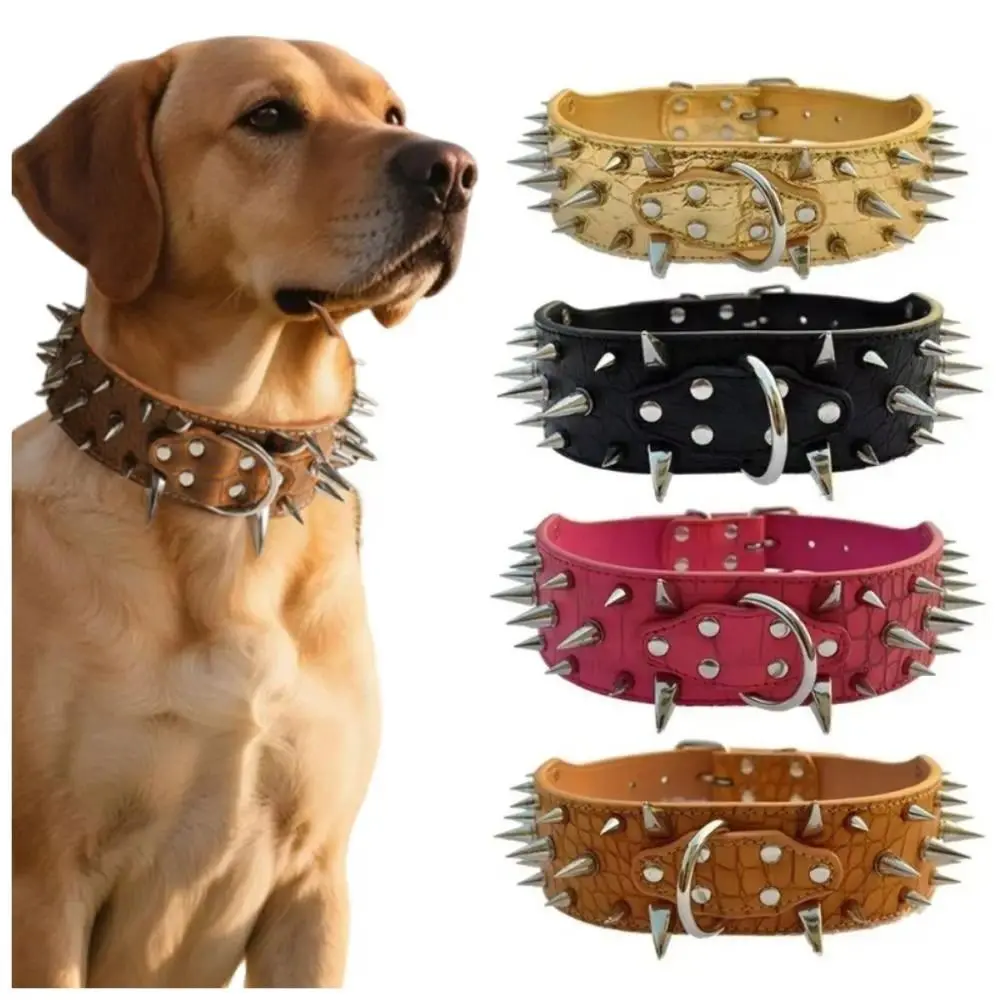 Multi-Size Adjustable Widen PU Leather Protective Spike Basic Collar - Heavy-Duty Sharp Rivets, Neck Protection, Anti-Bite Training Collar for Outdoor Dog Walking, XXL Size Option