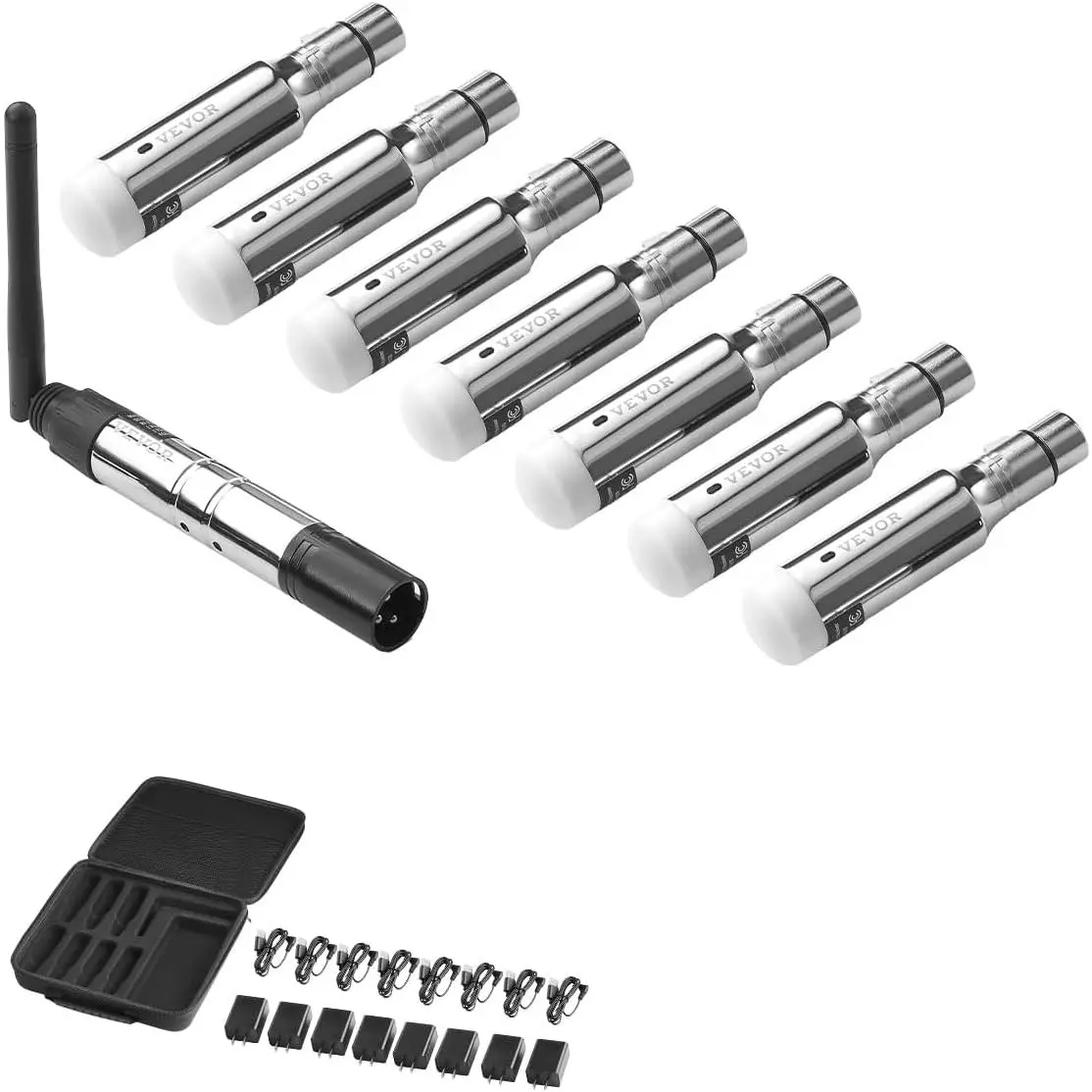 VEVOR Wireless DMX512 Tool Kit, 8-Piece (7 Receivers & 1 Transmitter) with Remote Control, Rechargeable Battery, 2.4G ISM Band, 656 ft Transmission Range, 126 Channels, 7 Multi-Networks, Storage Bag for Stage Lights, Band Performances, Parties