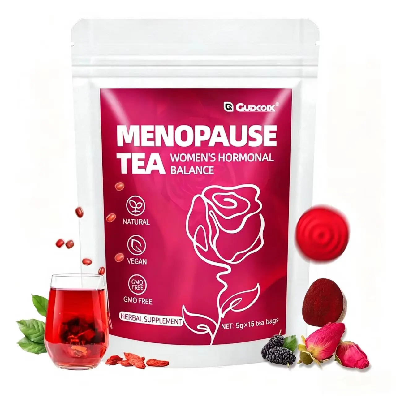 GUDCOIX Feminine Hormonal Balance Herbal Tea - Health Dietary Supplement for Menopause Relief, Natural, Vegan, Non-GMO, Relaxing, 5g x 15 bags