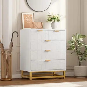YJ-Garvee Modern 5 Drawer White Wooden Dresser with Gold Handles - Stylish Storage Solution for Bedroom, Hallway, and Entryway，White