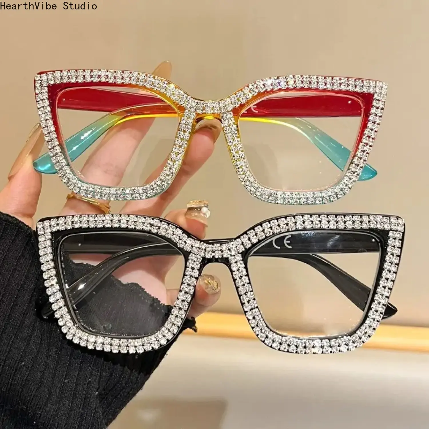 Unisex Sports Fashion Frame Eyeglasses, Oversized Cat Eye with Diamond-Inlaid Accents, Anti-Fatigue Blue Light Blocking Lenses, Multicolor Trendy Casual Glasses