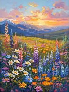 5D DIY Full Drill Diamond Painting Kit Vibrant Wildflower Mountain Sunset Landscape Art Craft for Adults Home Wall Decor