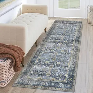Vintage Boho Blue Print Rug, Foldable Non-Slip Plush Carpet, Large Area Easy Care Mat for Living Room Bedroom Kitchen