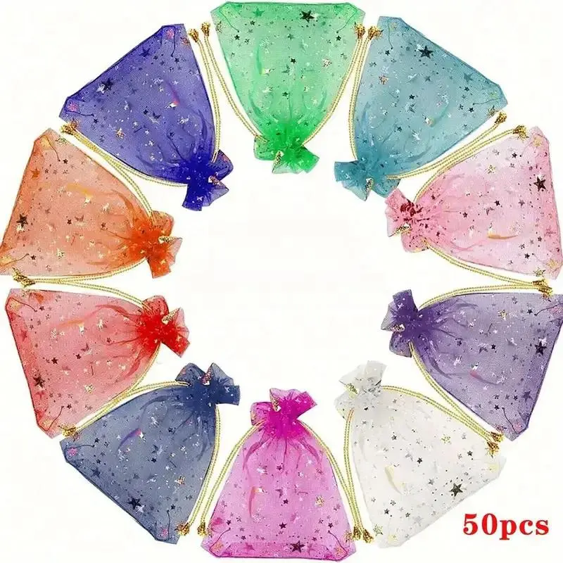Colorful Organza Gift Bag, 50pcs/set Random Color Drawstring Jewelry Candy Bag, Bulk Gift Bags, Gift Wrapping Supplies for Wedding Birthday Festival Party, Wedding Party Packaging, Organza Bags