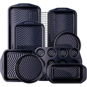 9-Piece Baking Pans Set with Wave Texture for Reduced Oil, 0.8mm Thick Non Toxic Bakeware Sets Non Stick, Includes Stackable Cookie Sheets for Oven Cooking, Cake Pan, Muffin Pan, Blue