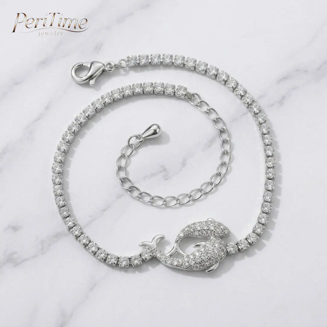 PERITIME Intertwined Dolphins CZ Tennis hypoallergenic Bracelet , 925 Sterling Silver Summer Beach Pool Party Sparkle Jewelry, Adjustable with Lobster Clasp & 6cm Extender ,Suitablefor Summer Beach Vacations Outdoorfun summerwins minimalist chain bangle