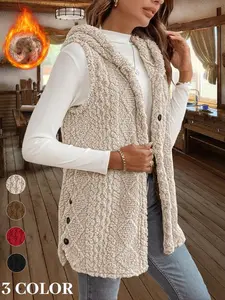 Women's Fuzzy Cardigan Coats Cozy Warm Sleeveless Hooded Sherpa Fleece Shacket Button Down Front Shacket Coat Thick Fleece Lined（gift）