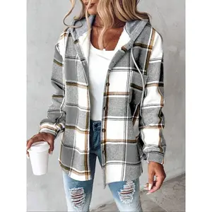 Plaid Hooded Fleece Shirt Jacket, Loose-Fit Long Sleeve Woven Fabric Casual Spring & Fall Outerwear, Thick Comfortable Women's Clothing
