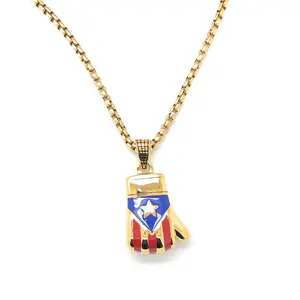 Papiichulo Boricua Gold Boxing Glove Stainless Steel Necklace (Small) Chain Set - Unisex Design jewelry men