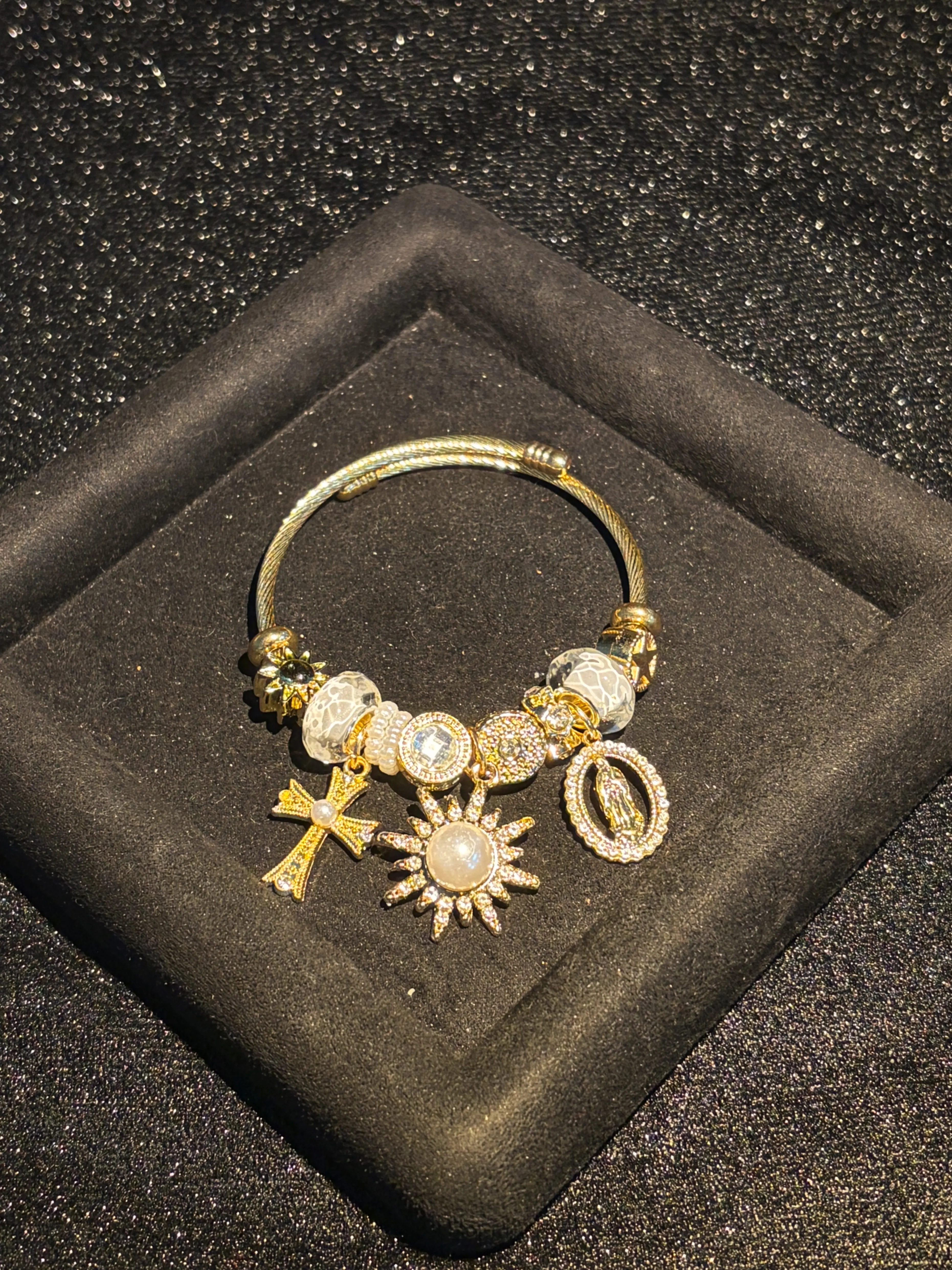 Women Adjustable Gold Wire Cuff Bangle, Vintage Mother Mary Sun Cross Charm with Rhinestone Crystal Pearl Beads, Boho Religious Stackable Bracelet, Spiritual Gift for Her