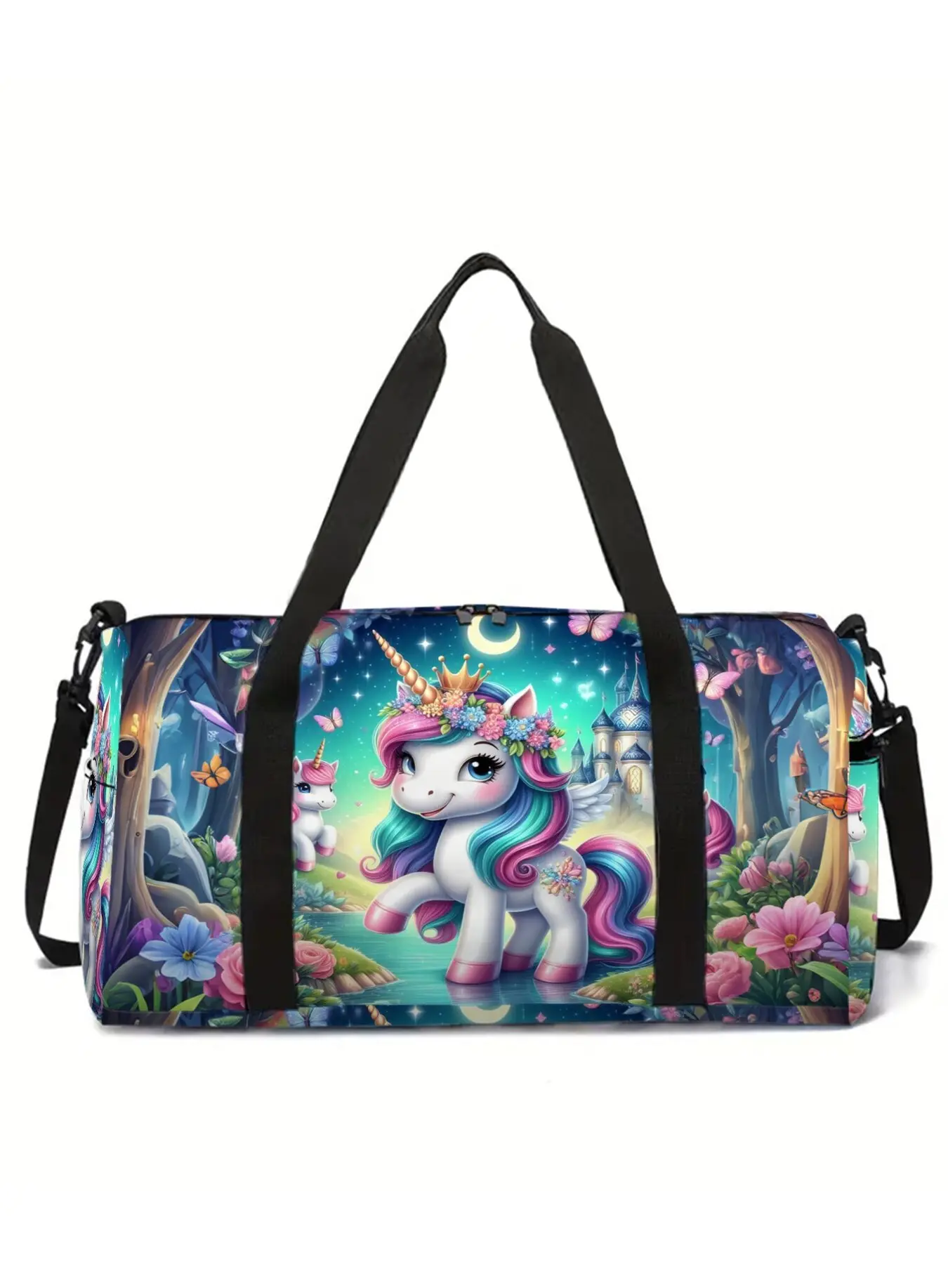 Large-capacity travel duffel bag with unicorn and pony print, portable handheld storage bag, Travel Duffle Bag