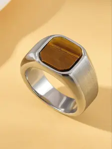 Luxury Men's Tiger Eye Ring, 316L Stainless Steel, Square Tiger Eye, Textured Brushed Finish