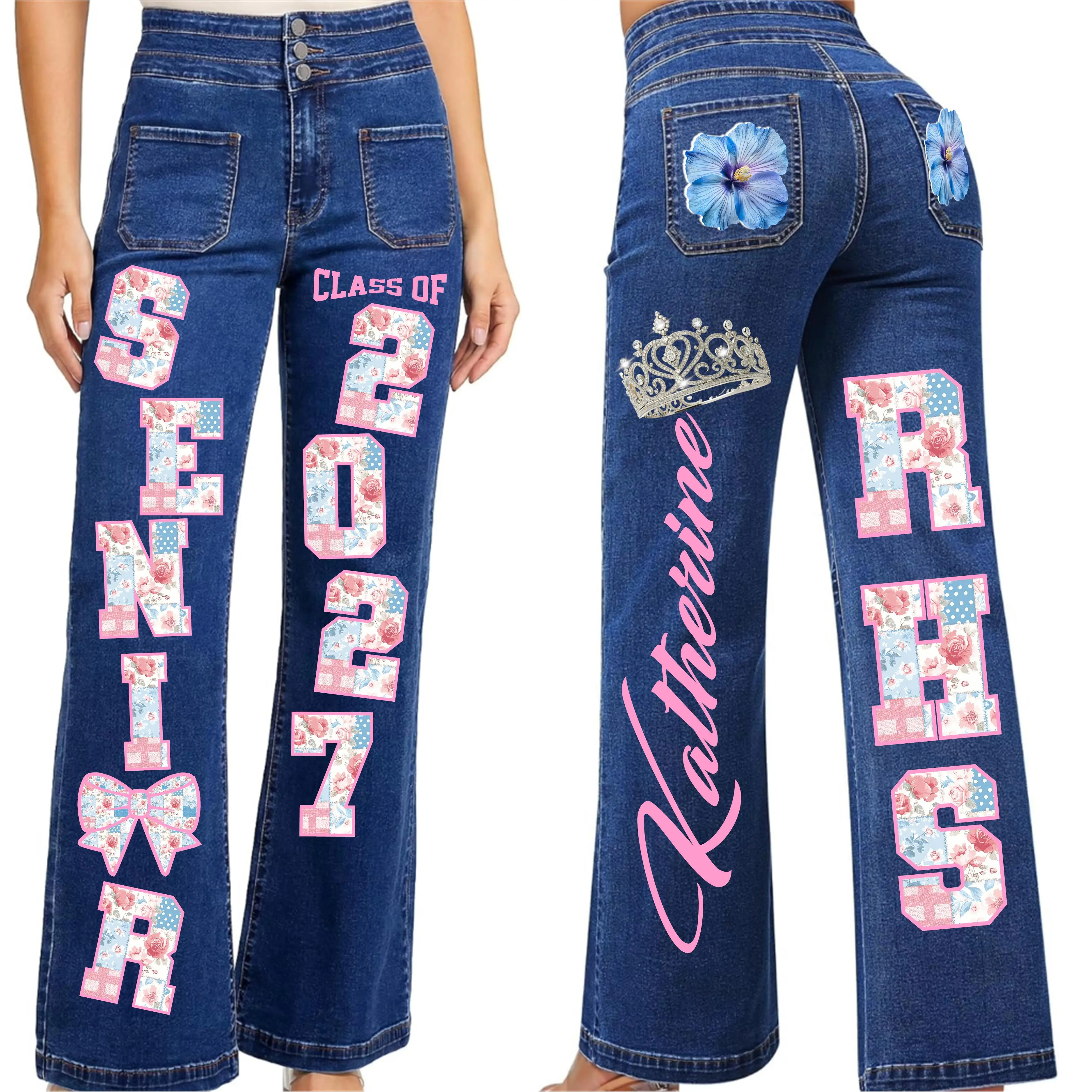 Senior Spirit Denim Iron-On Accessory, 2-Color Personalized Design for Homecoming DIY Printmaking Projects Floral Patchwork