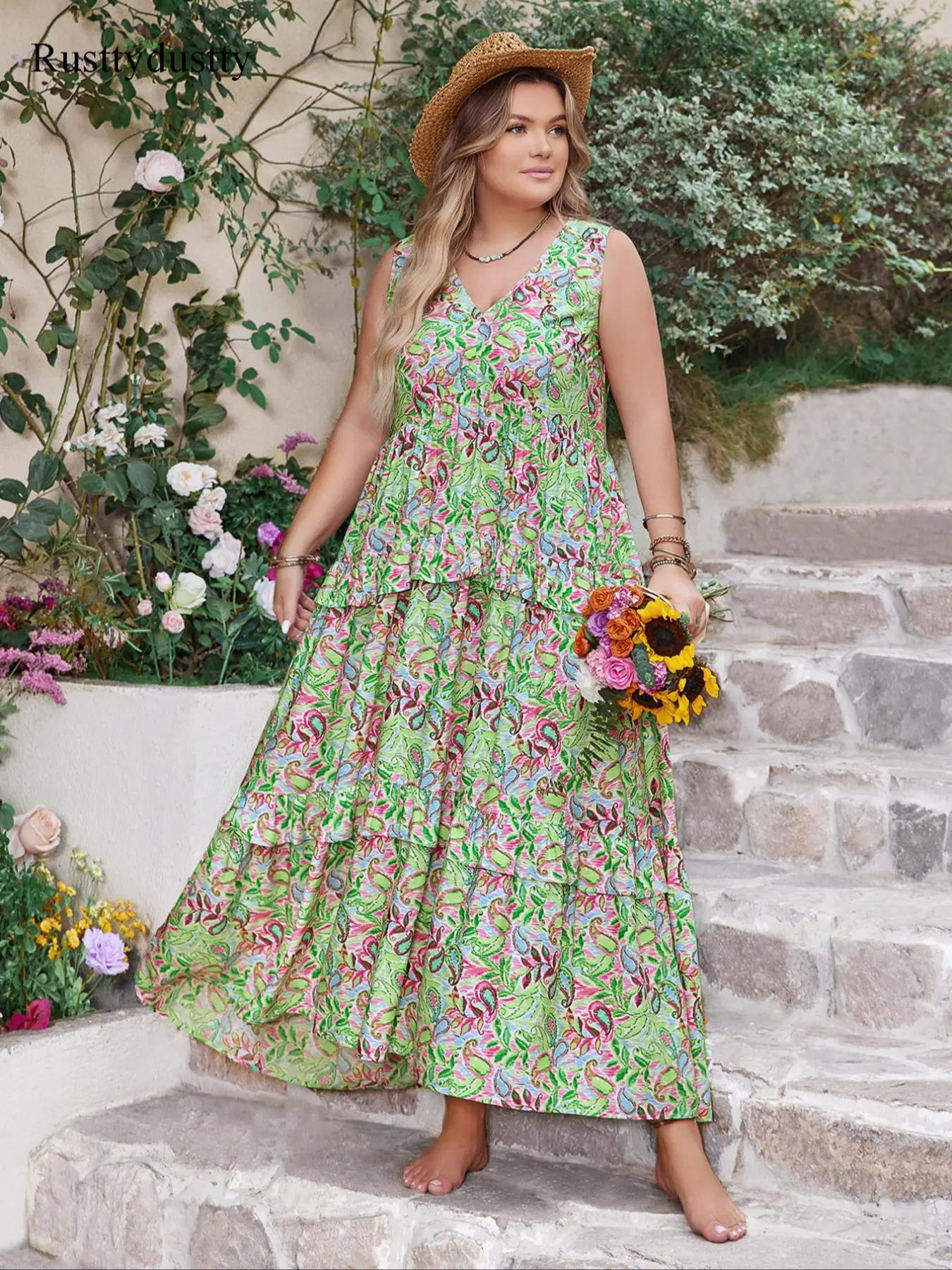 Plus Size Frenchy Style Casual Boho Styles Elegant All Over Plants Print Ruffle Trim Tank Dress, Boho Casual Sleeveless V Neck Long Dress, Women's Summer Clothes for Beach Vacation Holiday, Bohemian Print Dresses