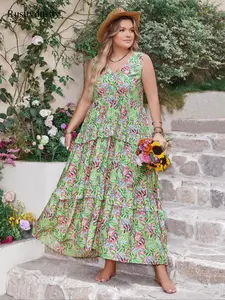 Plus Size Frenchy Style Casual Boho Elegant All Over Plants Print Ruffle Trim Tank Dress, Boho Casual Sleeveless V Neck Long Dress, Women's Summer Clothes for Beach Vacation Holiday, Bohemian Print Dresses