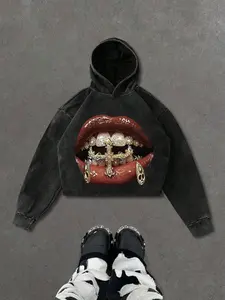 Men's Graphic Hoodie with Sexy Lips Print, Casual Loose-Fitting Long Sleeve Sweatshirt for Fall & Winter, Trendy Menswear Everyday Top