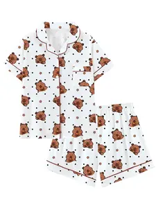 Adorable Capybara Animal Print Pajama Set, Cute Turn-Down Collar Short Sleeve Sleepwear, Loungewear, Pyjamas, Comfortable Fit for Sleeping, Vacation, and Outdoor Wear, Womenswear
