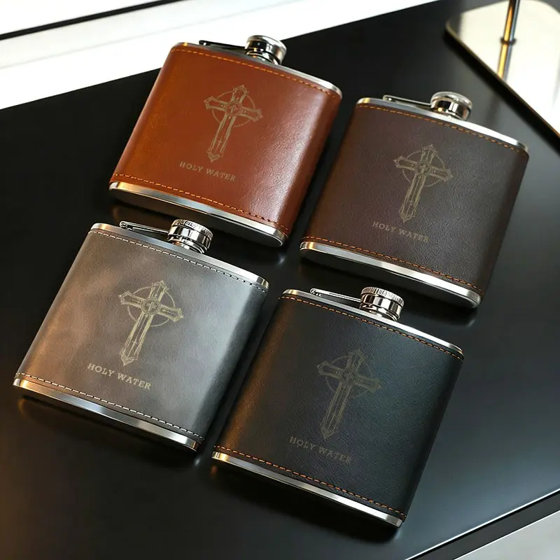 Gothic Cross & Holy Water ReligiDeer & Tree Nature Design Leather Flask, Stainless Steel & Leather Portable Liquor Flask, Compact Reusable Drinking Flask, Portable Drinkware Flask, Suitable for Whiskey, Travel-Friendly Pocket Flask, Gift for Lovers