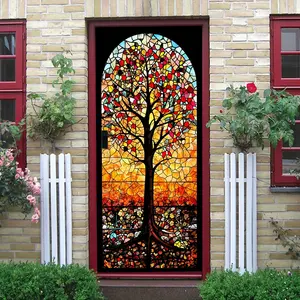 2pcs   Stained Glass Tree Window Cling Static Decorative Wall Sticker for Home Office Church Decoration No Glue Reusable Removable Art Decal Multicolor Religious Design Window Film Privacy Protection