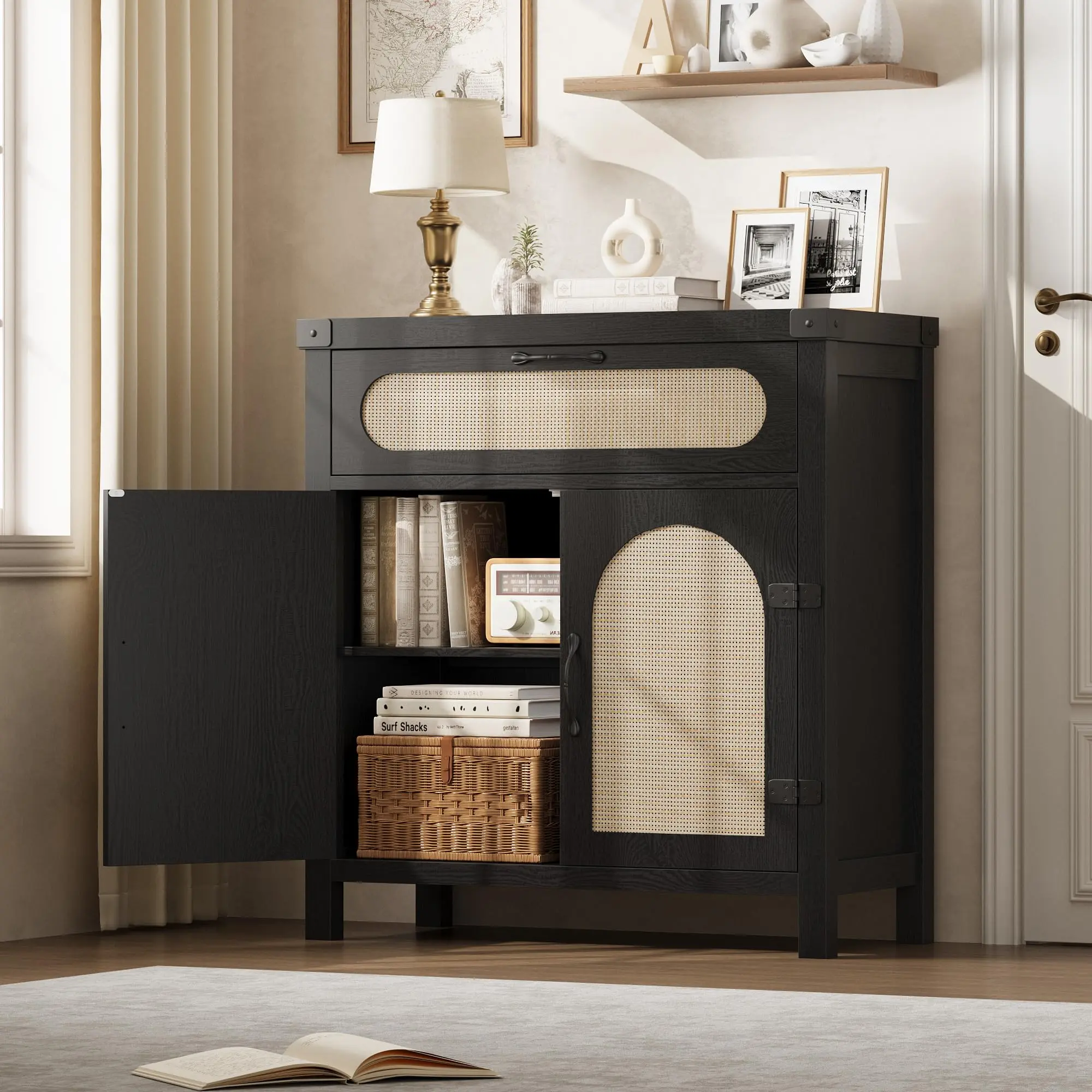Farmhouse Rattan Cabinet with Drawer – Adjustable Shelves, Synthetic Rattan-Accent Doors, Versatile Sideboard Buffet Storage for Entryway or Living Room – Black