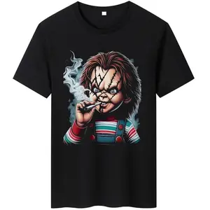 Halloween Chucky-Inspired Men'S 3D Printed T-Shirt - Casual Polyester, Crew Neck, Machine Washable, with Stitched Detail - Black Graphic Tee Printed Round Neck T-Shirt friend halloween shirt