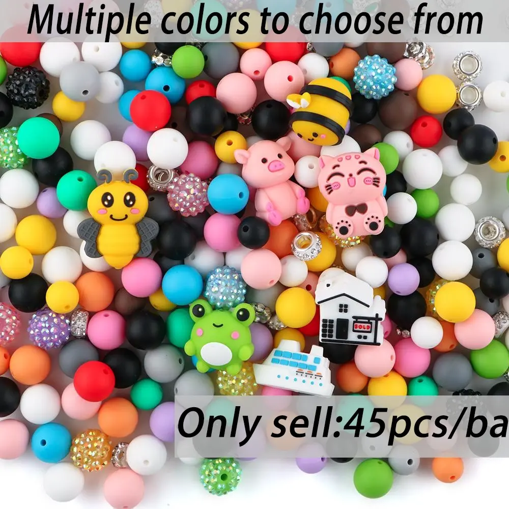 3D Silicone Beads & Acrylic Beads Mix, Beaded Set, 45pcs/set Cute Cartoon Animal Design Beads Accessories for Bracelet & Necklace & Keychain Making, Beads For Jewelry Making