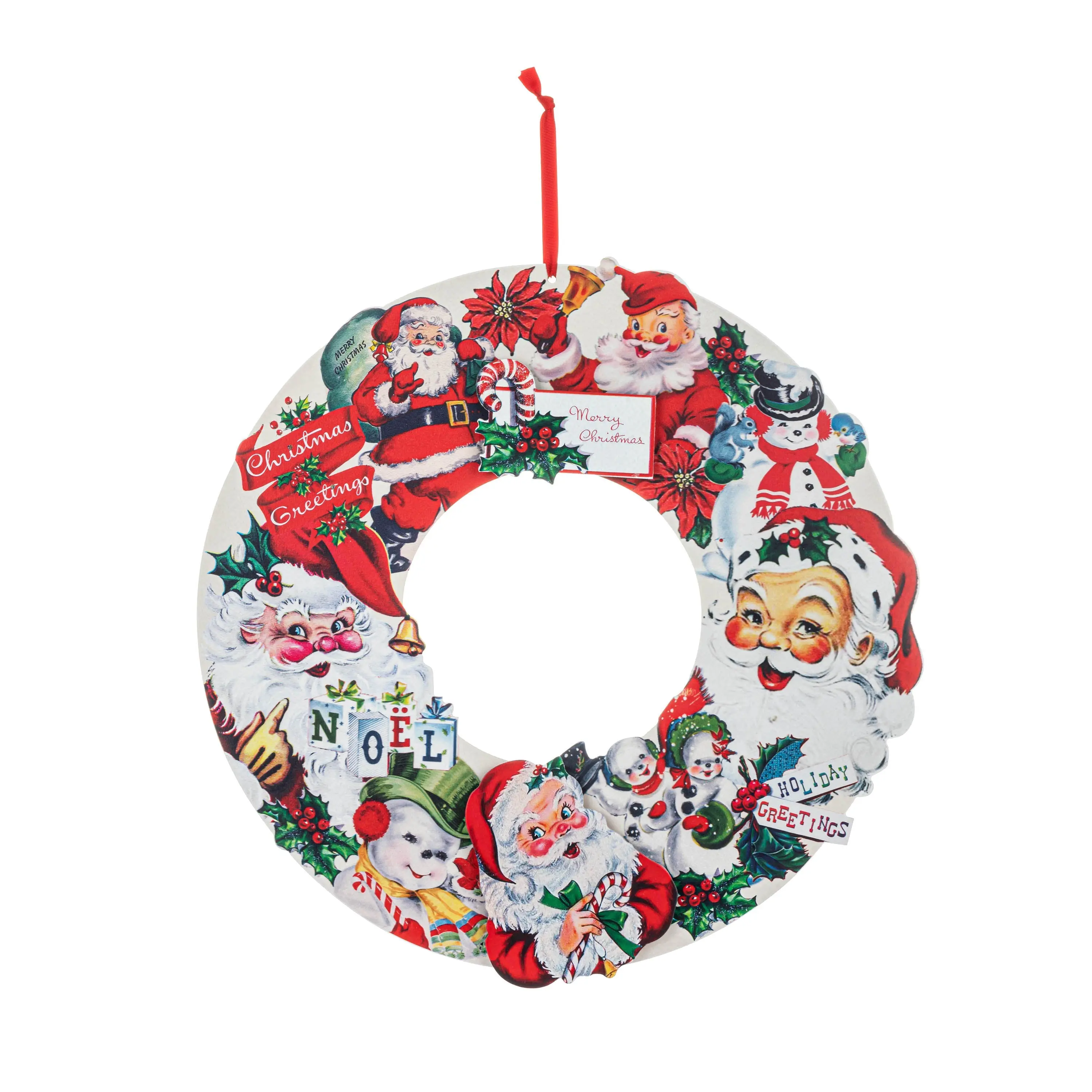 18" Wooden Wreath with Vintage Santa Claus, Artistic Home Decor Ornaments, Festive Party Decoration Supplies, Wall