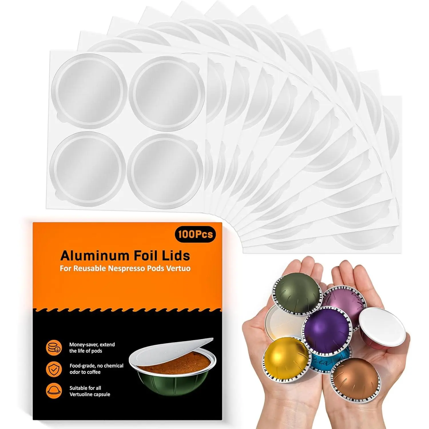 Aluminum Foil Lids for   Vertuo Pods, 100 count  Foil Seal Cover for Refill Espresso Coffee Capsule, Compatible with  Vertuo Machine