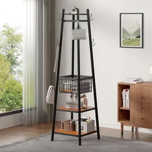 VECELO Coat Rack Industrial Clothes Stand Hanger with Unique Storage Metal Basket and 2 Shelves Upgrade Hall Trees Hanging with 8 Dual Hooks for Bags Hats Organiser Decoration Freestanding, Entryway Matte Steel