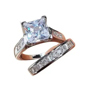 Women's Romantic Promise Ring, Square Cut Cubic Zirconia Crystal with Rose Gold Finish, Prong Set Bridal Jewelry for Wedding or Anniversary