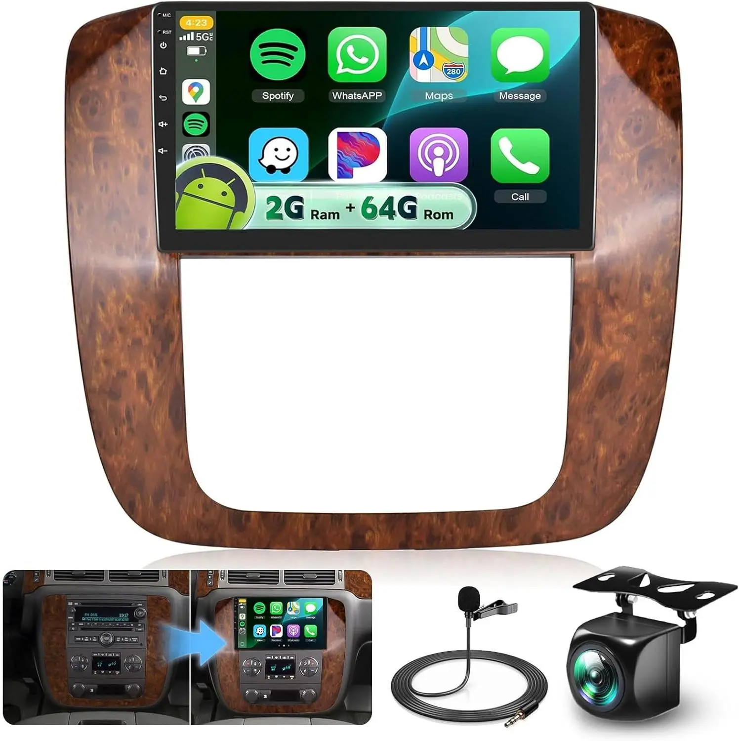 RIMOODY 4G+64G Android 15 Upgrade Car Radio for GMC Yukon Tahoe Suburban, Chevy Silverado 2007-2013, 9" IPS Touch Screen with DSP, Wireless Carplay/Android Auto, Bluetooth, FM/RDS, Backup Camera, Touchscreen Car Radio, Chevy/Gmc