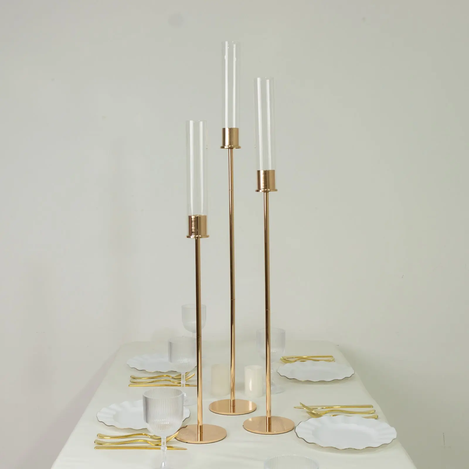Gold Metal Candlestick Holder Set (3-Piece) with Hurricane Shades - Modern Minimalist Home Decor for Wedding Decor, Fireplaces, Shelves - Fits Taper Candles - 28in, 32in, 36in Heights, Centerpiece