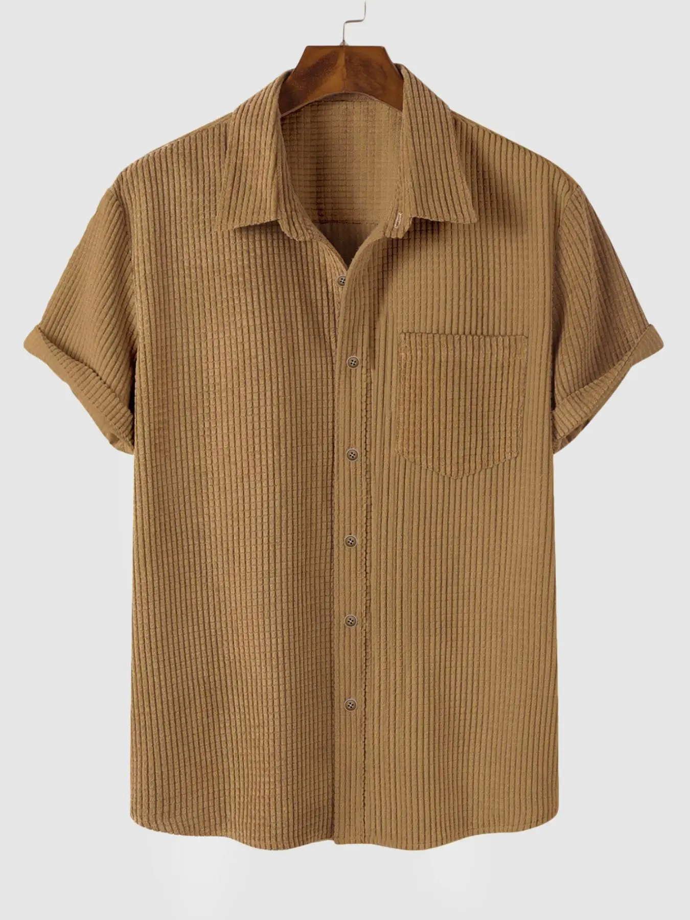 Men's Solid Color Pocket Button Front Corduroy Shirt, Regular Fit Casual Short Sleeve Collar Shirt for Spring & Fall, Menswear for Daily Wear