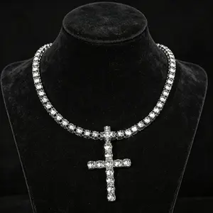 Hip-Hop Style Diamond-Encrusted Cross Pendant Necklace - 4mm Single-Row Long Length Tennis Chain, Unisex Cross Motif Jewelry for Women, Men's Chains