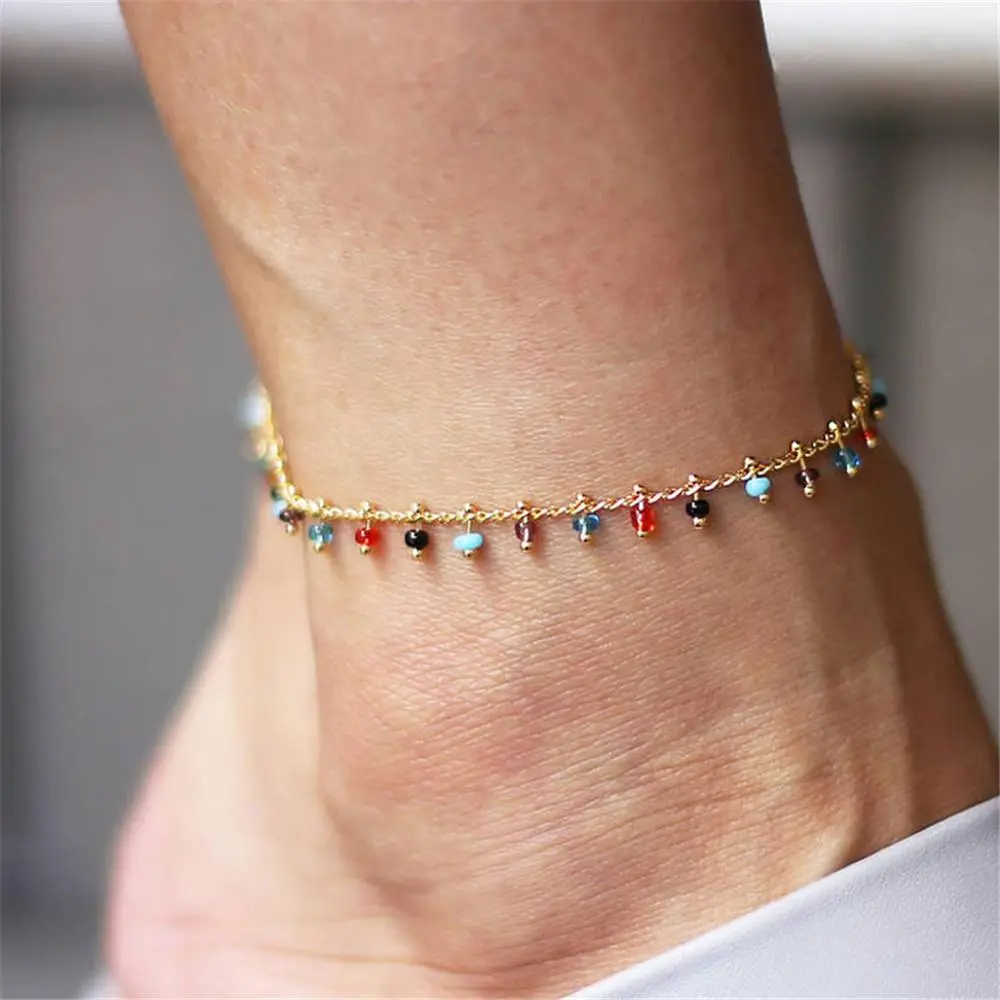Colorful Beaded Anklet for Women, Adjustable Summer Beach Ankle Bracelet, Gold & Silver